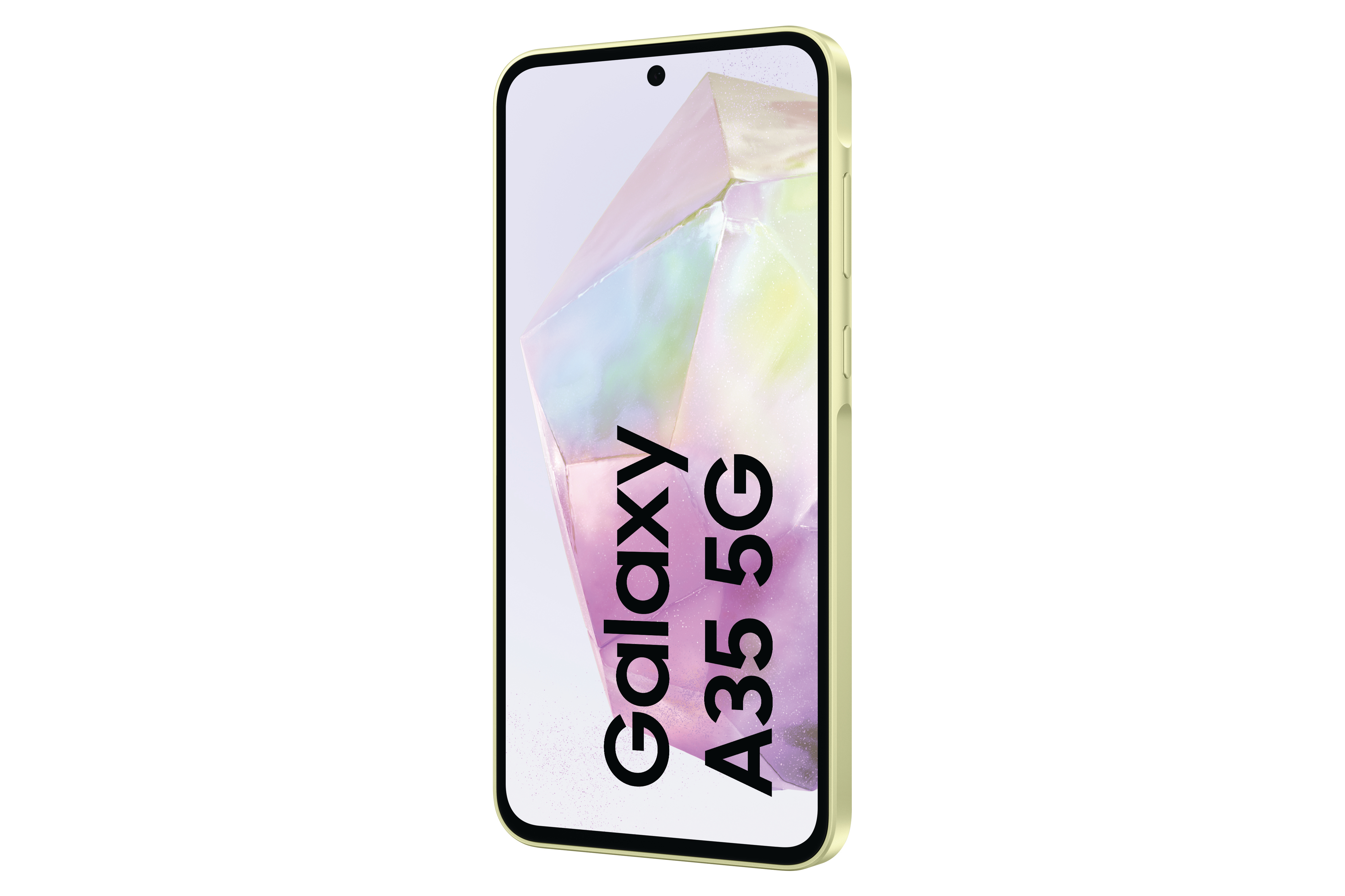 Ein hellgrünes Samsung Galaxy A35 5G Telefon, dessen Bildschirm den Namen des Telefons zeigt.