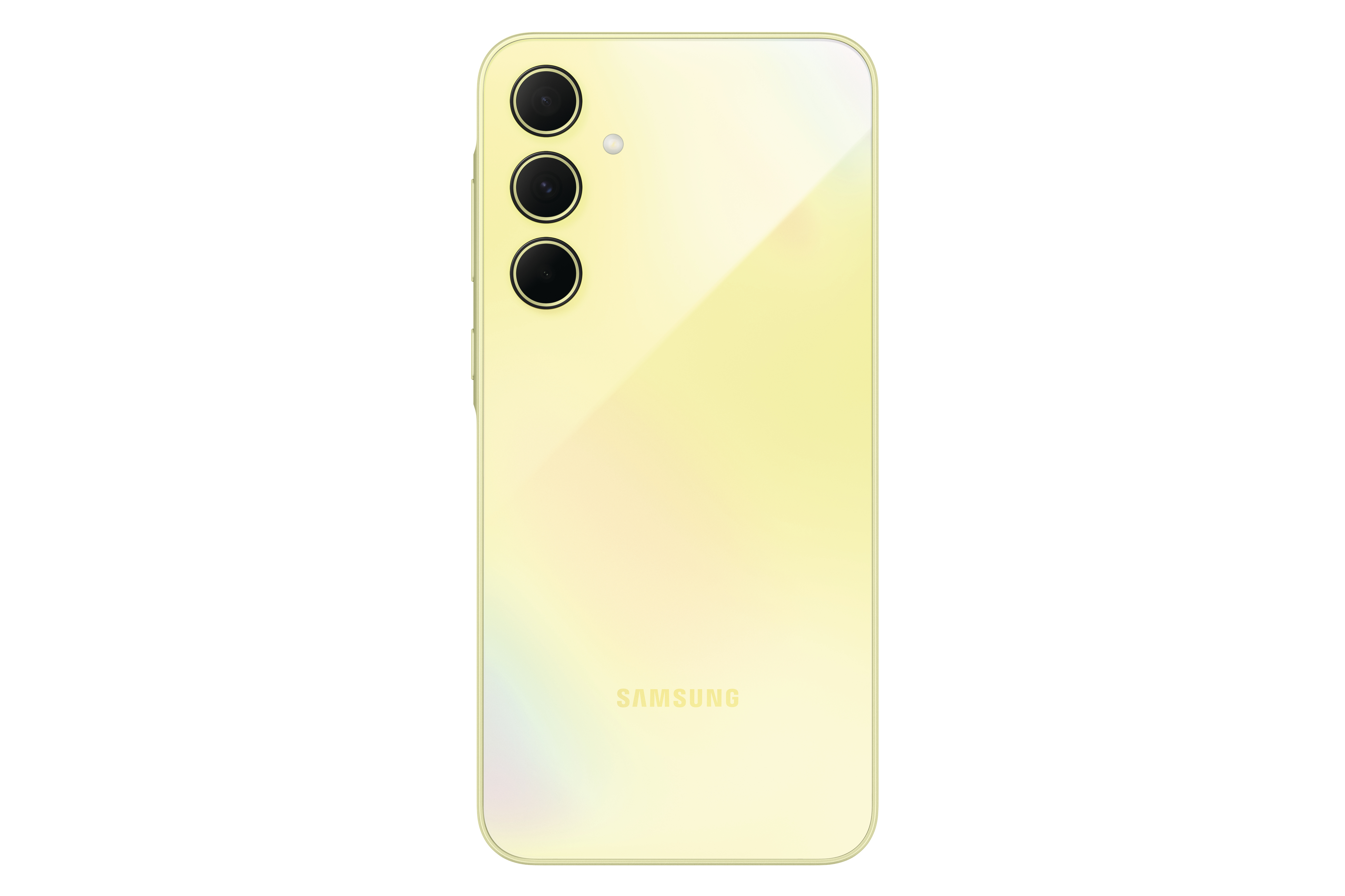 Rückseite gelbes Smartphone mit drei schwarzen Kameras und Samsung Logo.