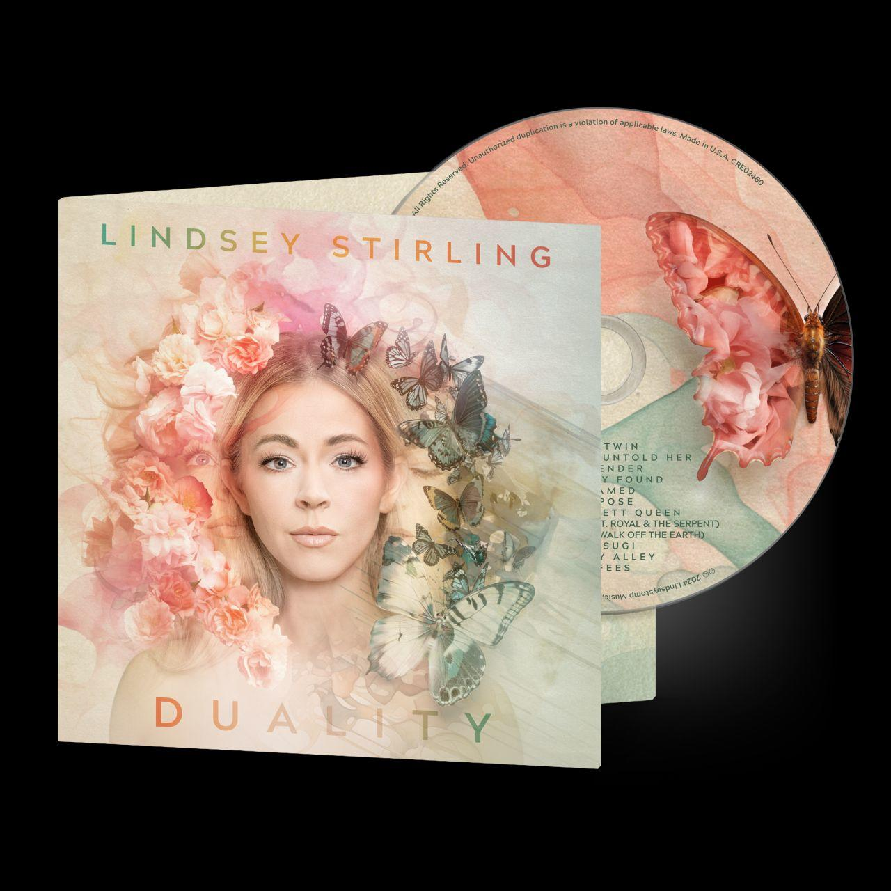 CD-Cover von Lindsey Stirlings Album 'Duality'. Zeigt eine Frau mit Schmetterlingen und Blumenschmuck.