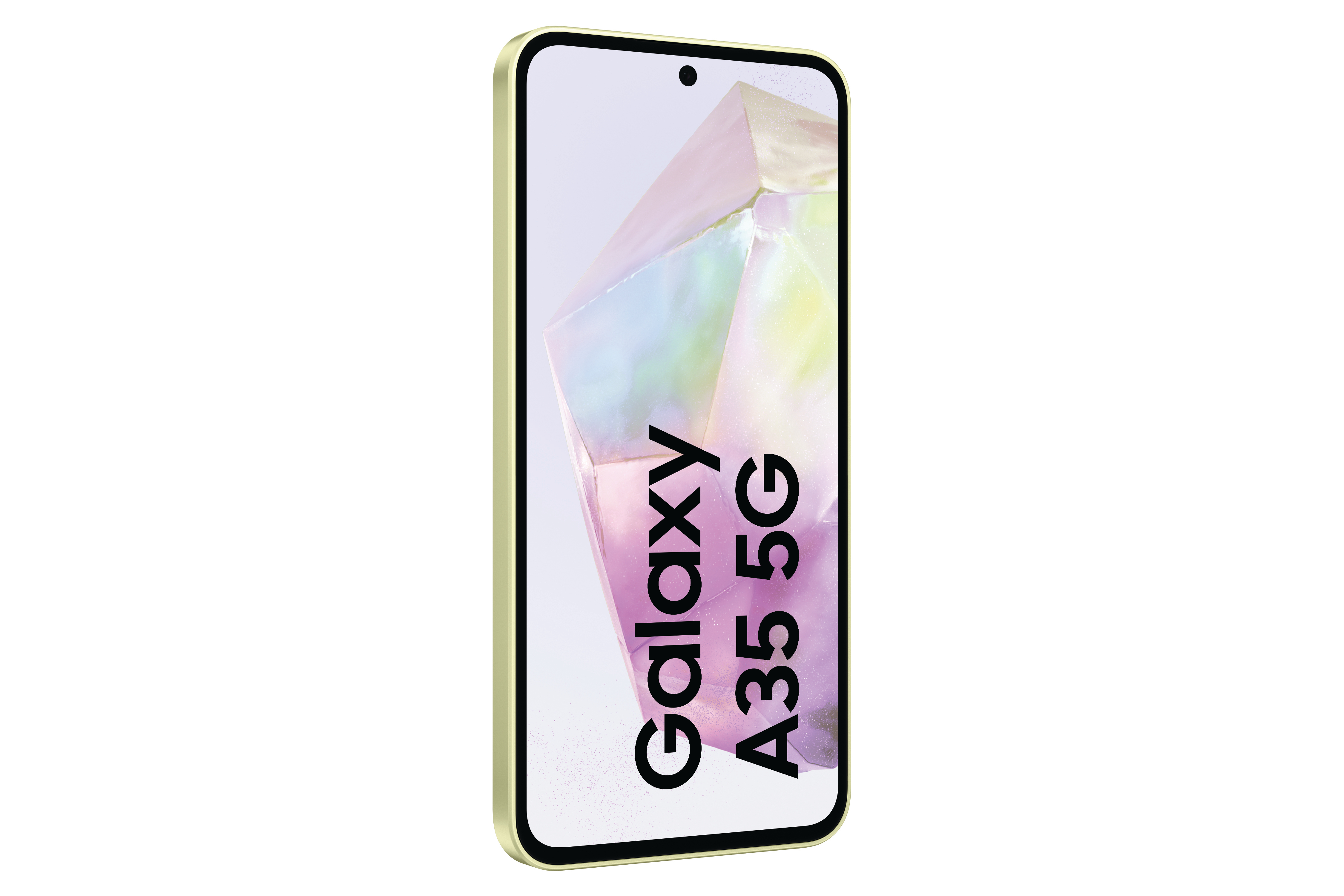 Ein Smartphone mit goldenem Rahmen zeigt den Text 'Galaxy A35 5G' auf weißem Hintergrund.