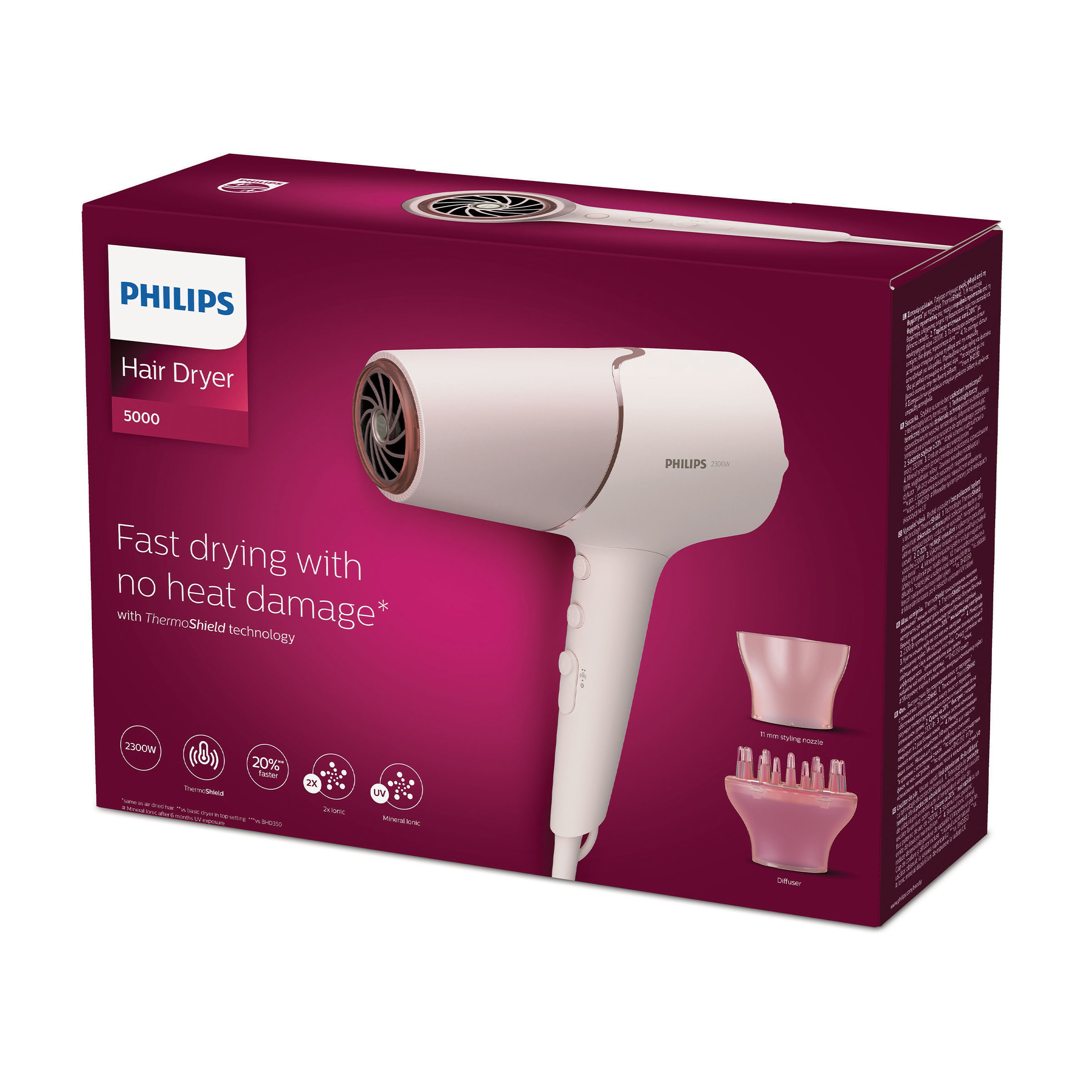 Pudełko suszarki do włosów z suszarką i akcesoriami.