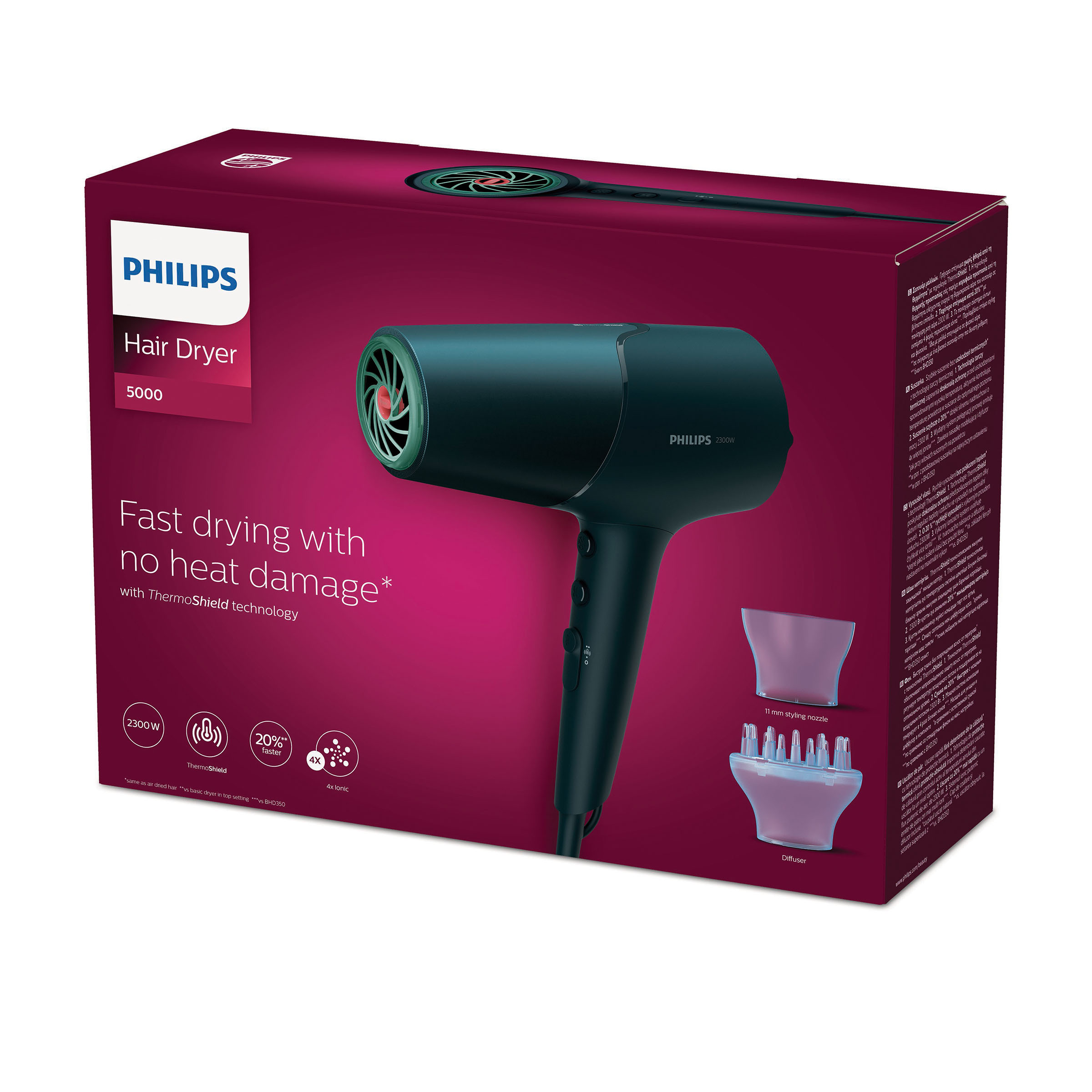 Czarna suszarka do włosów Philips 5000 w opakowaniu z dyszą i dyfuzorem.