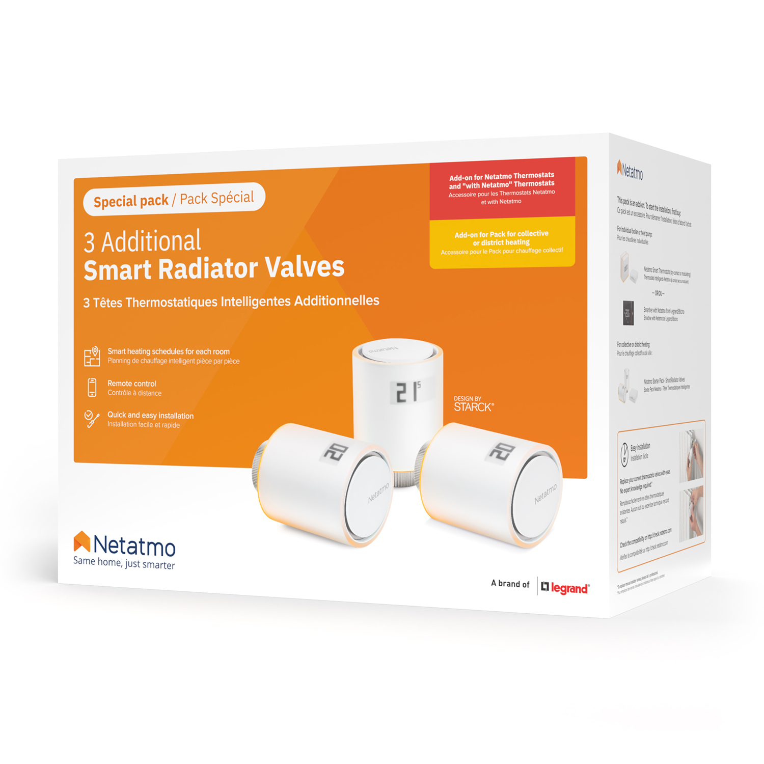 Scatola con tre valvole intelligenti per radiatori, marchio Netatmo, con testo in inglese e francese.