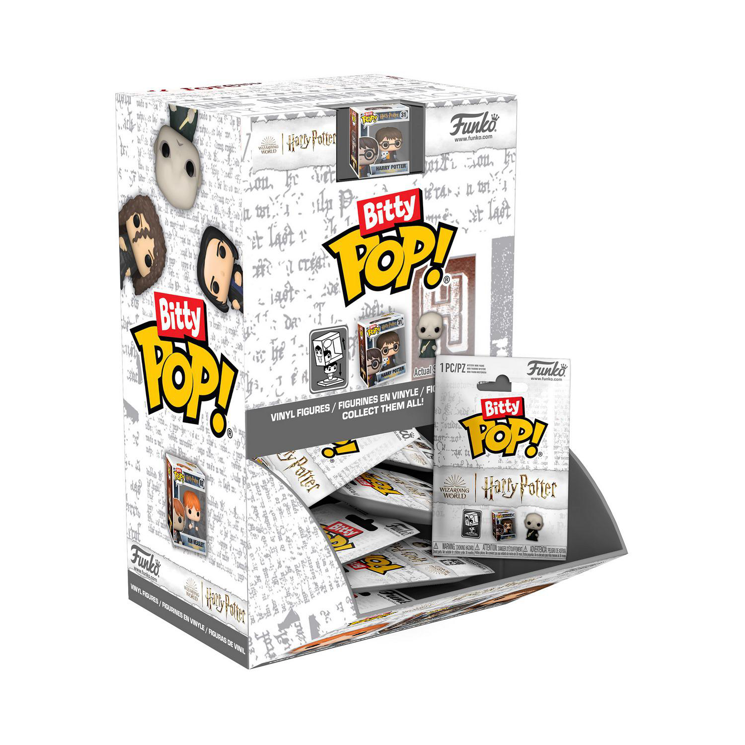 Eine Display-Box voller Funko Bitty Pop! Harry Potter Figuren und Blind Bags, offene Ansicht.