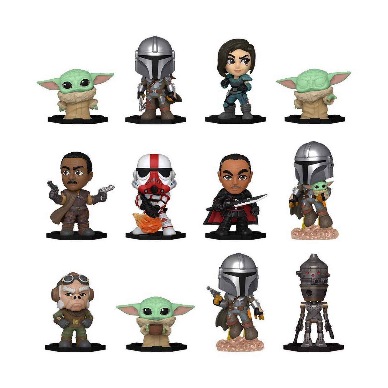 Zwölf Star Wars Figuren in einem 3x4 Raster angeordnet, verschiedene Charaktere, schwarzer Hintergrund.