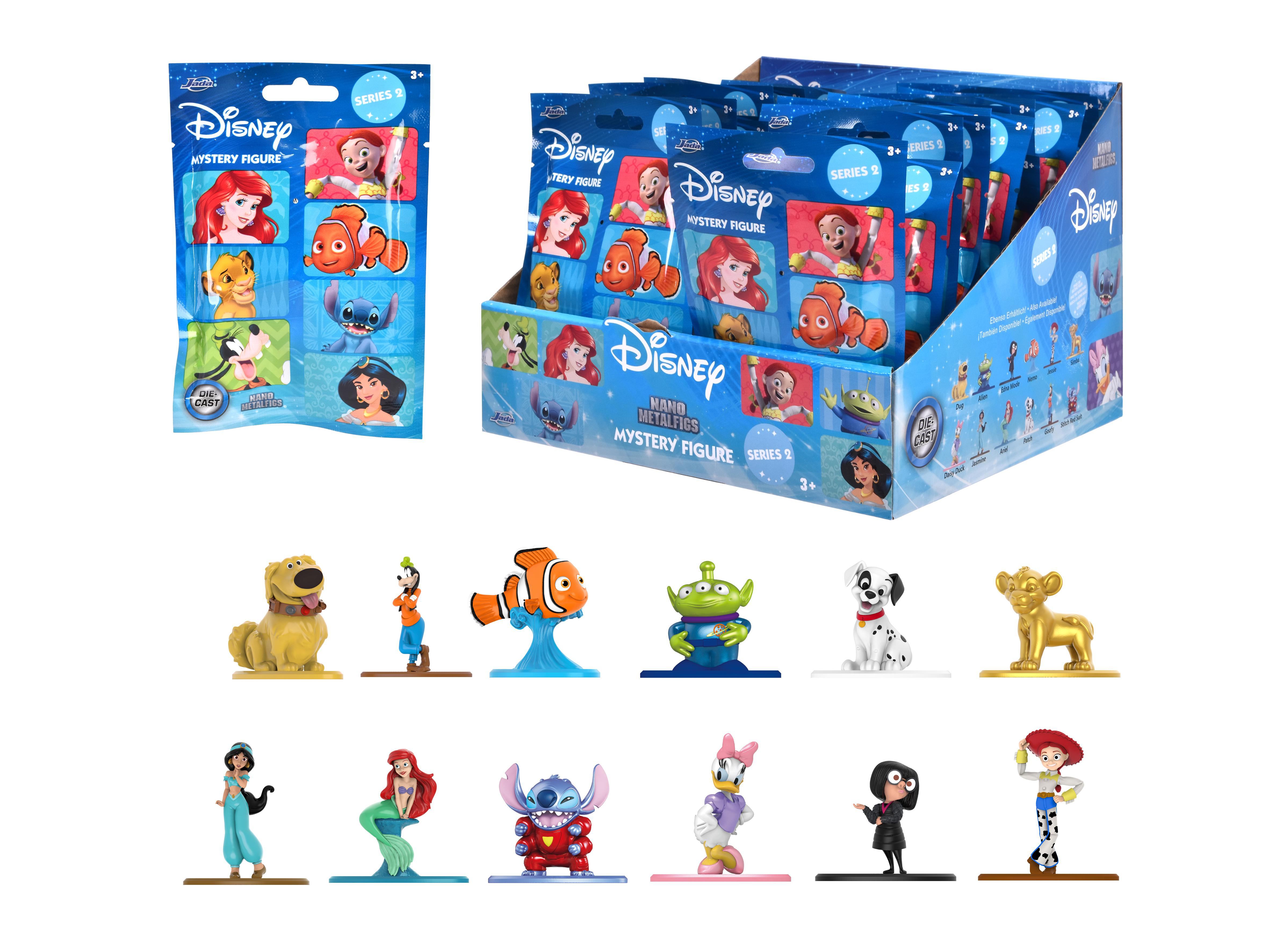 Disney-Mystery-Figuren-Display. Einzelne Figuren verschiedener Disney-Charaktere. Blaue Box.
