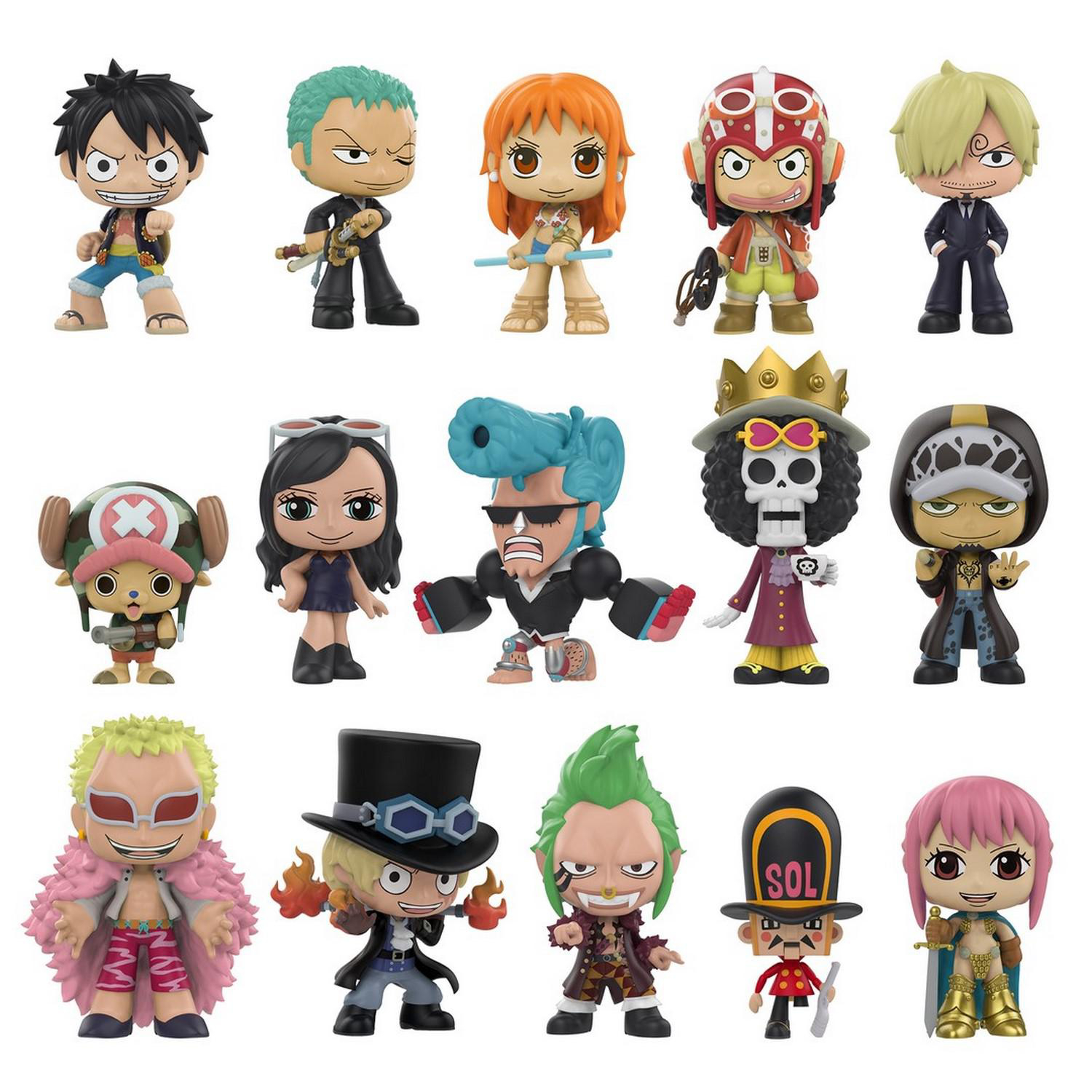 Gruppe von One Piece Anime-Figuren, jede mit einzigartigen Posen und Kostümen, verschiedene Farben.