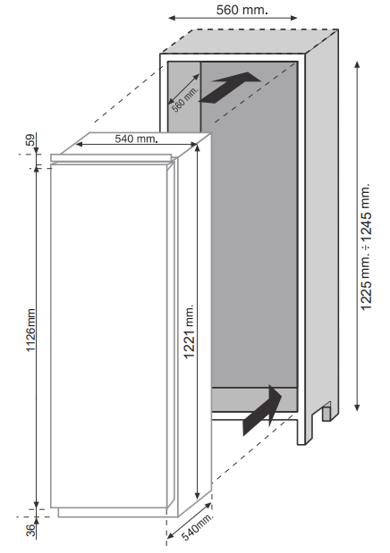 Hűtőszekrény diagramja, amely a méreteket mm-ben mutatja.