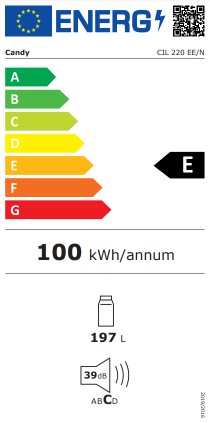 Energia címke, E energiahatékonysági besorolással, hűtőhöz.