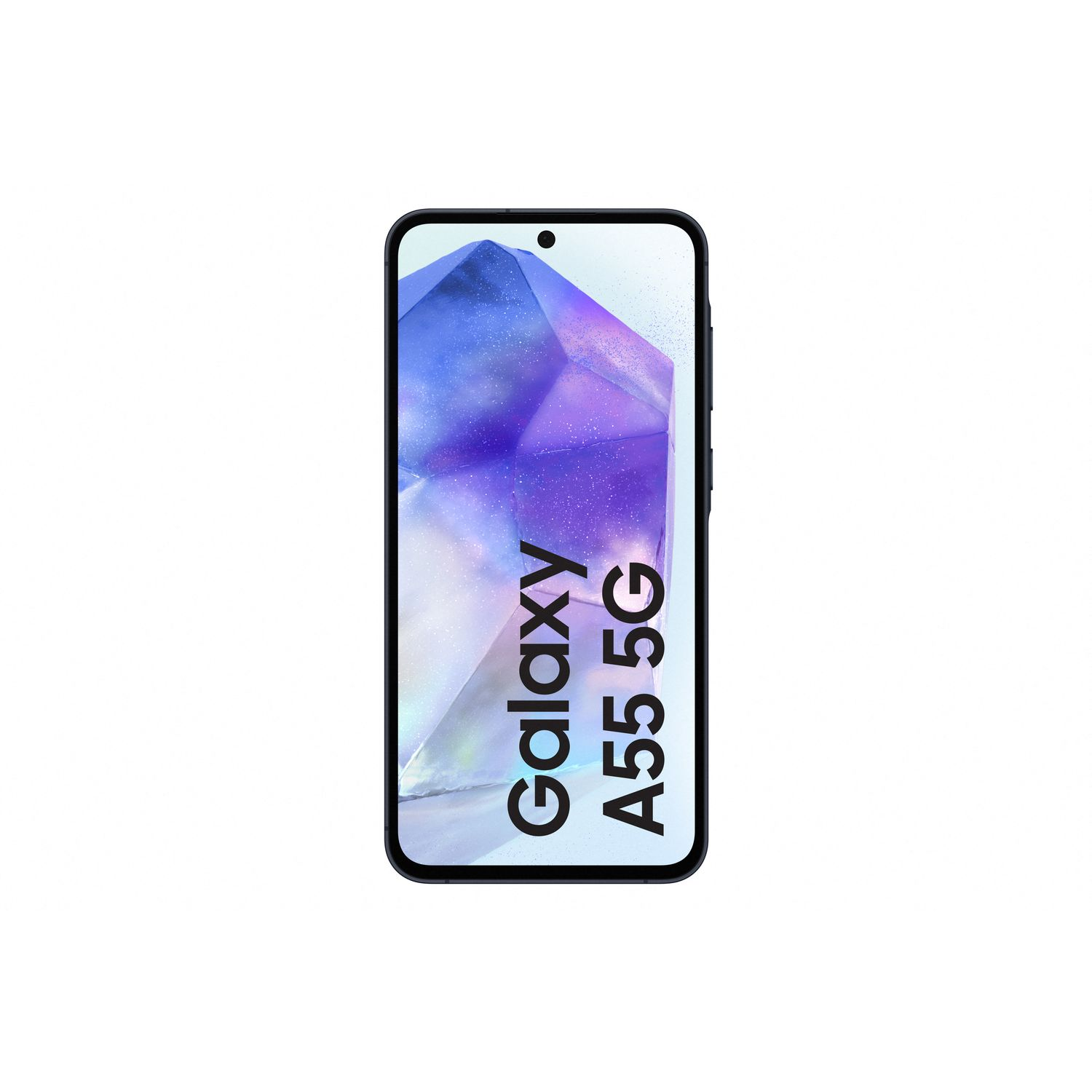 Un smartphone bleu avec le texte "Galaxy A55 5G" sur l'écran, sur fond blanc.