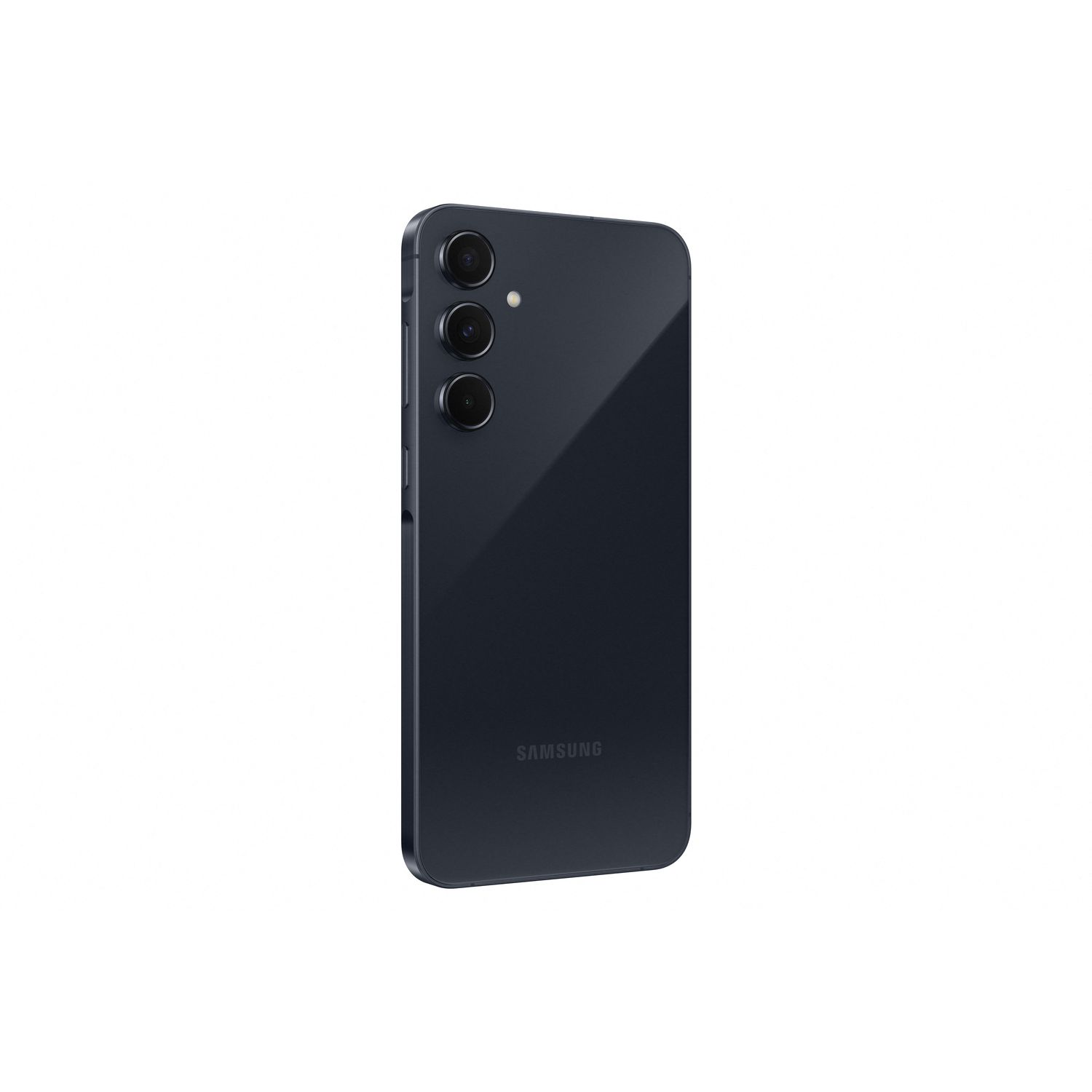 Vue arrière d'un téléphone Samsung noir avec trois objectifs d'appareil photo, isolé sur blanc.