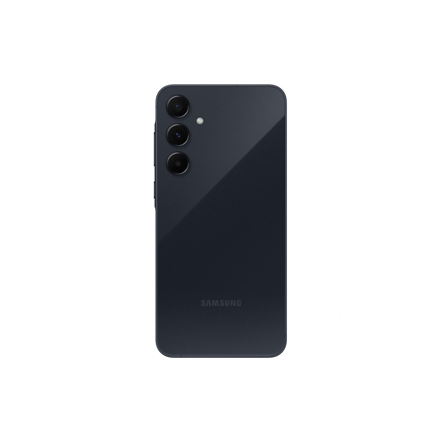 L'arrière d'un smartphone bleu foncé avec un système à triple caméra.