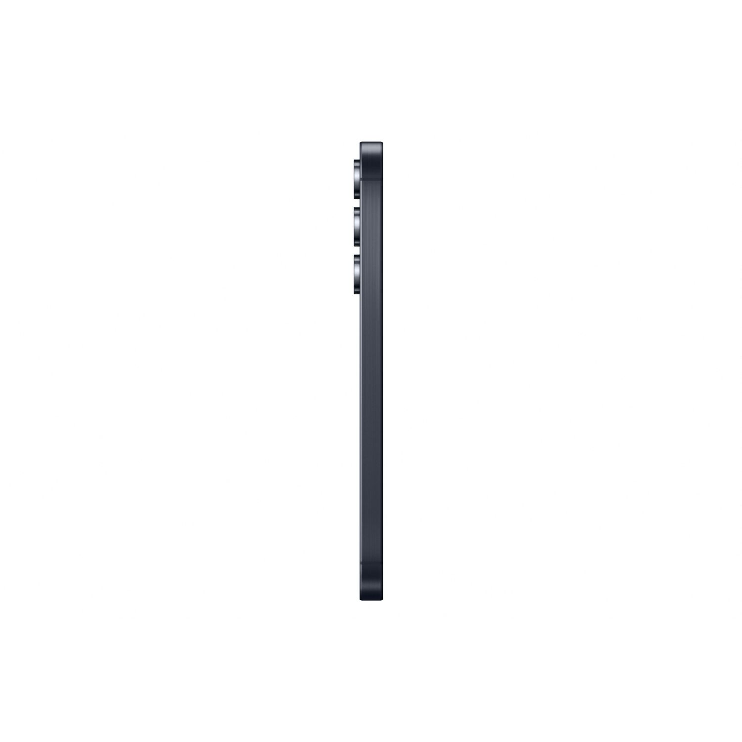 Vue latérale d'un téléphone bleu foncé avec trois objectifs, sur fond blanc.