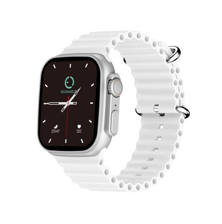 Srebrny smartwatch z białym paskiem na białym tle.