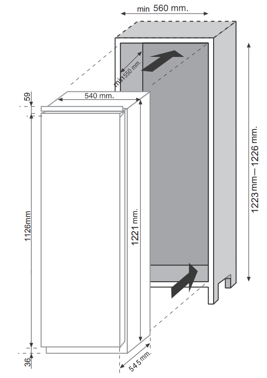 Beépített hűtőszekrény diagramja, méretekkel és telepítési útmutatóval. Fehér és szürke színvilág.
