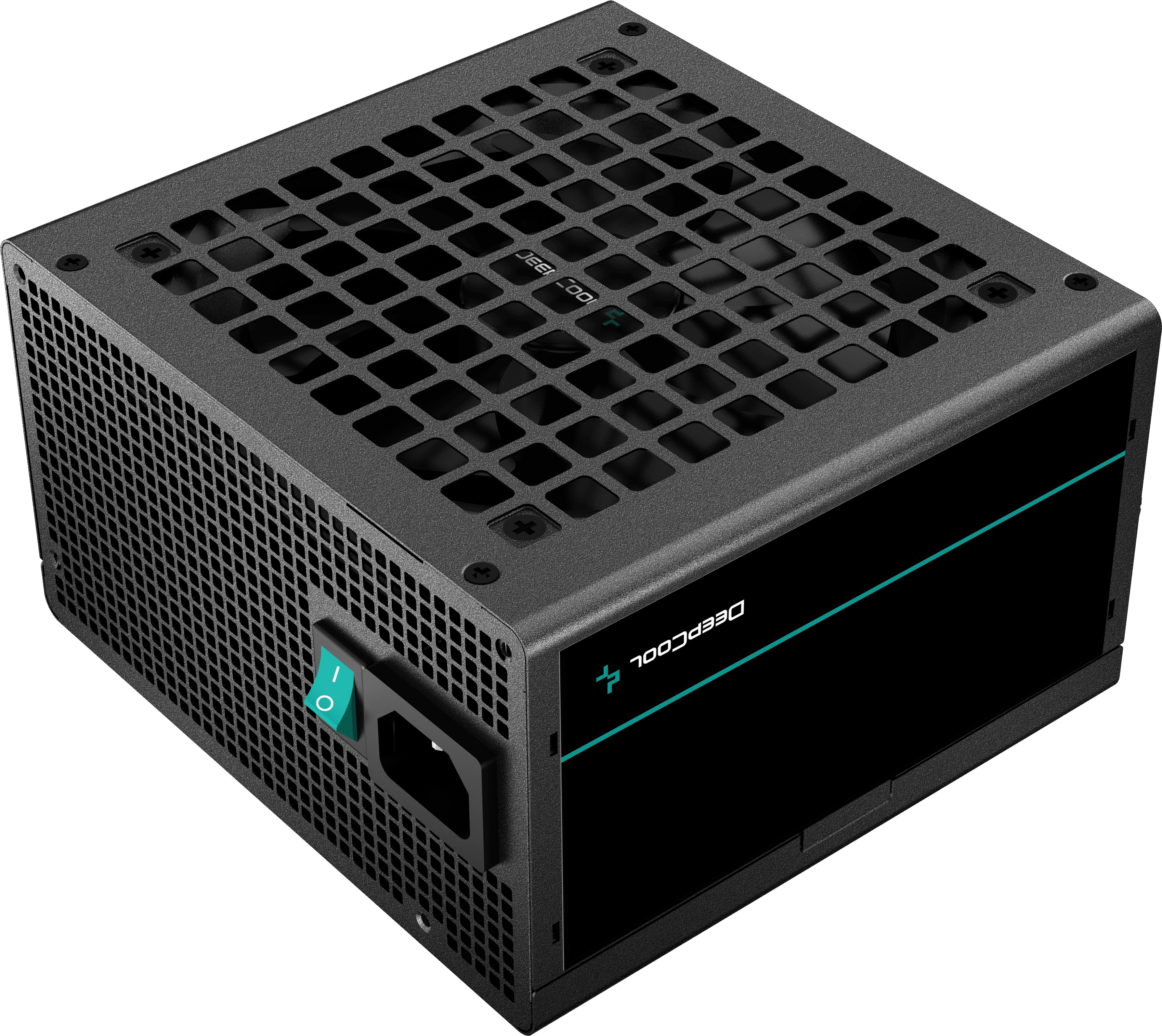 DeepCool tápegység, fekete, hálós tetővel, türkiz akcentussal és bekapcsolóval, fekete háttéren.