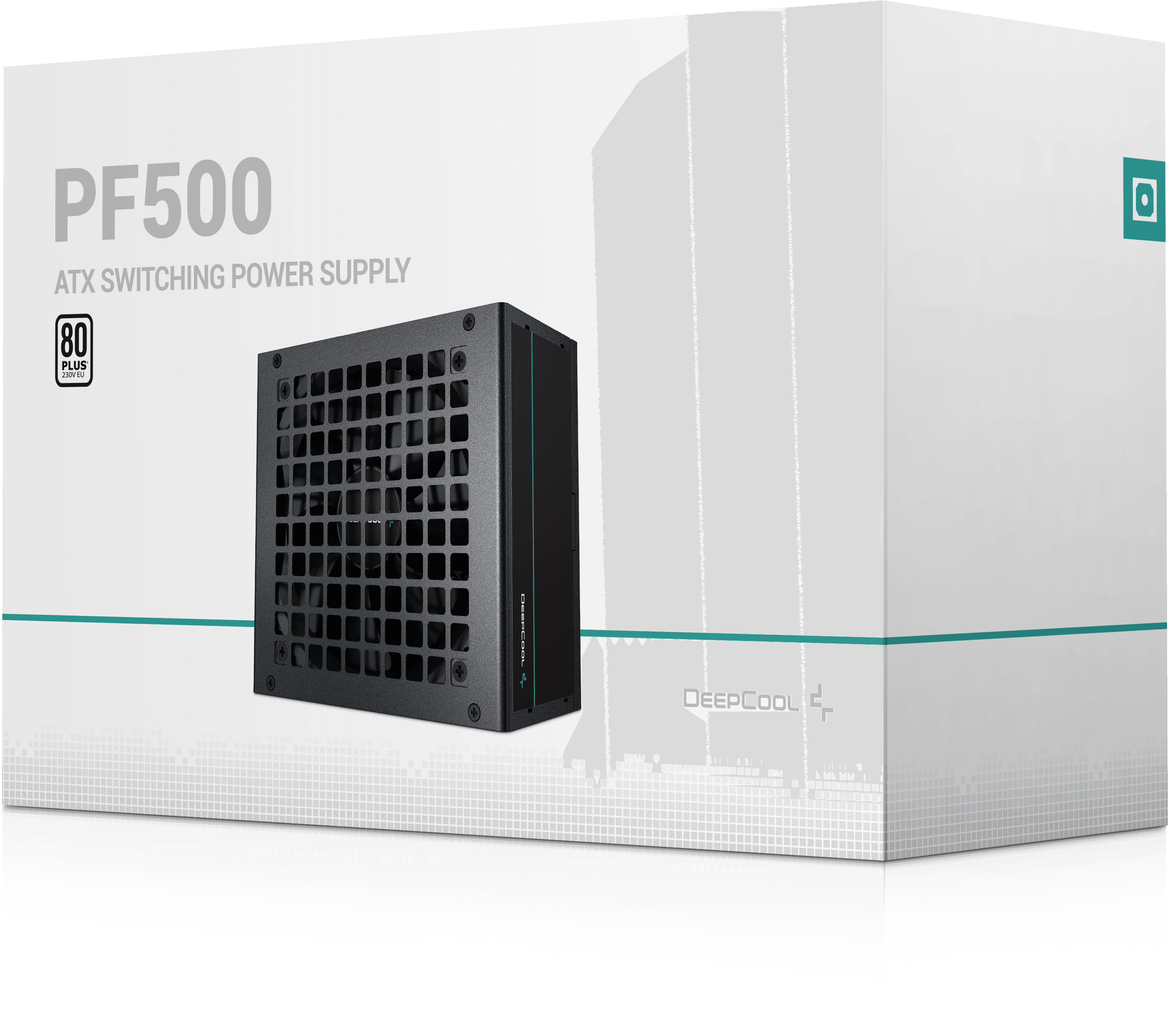 Egy fehér doboz, benne egy DeepCool tápegységgel. A dobozon a PF500, ATX kapcsolóüzemű tápegység felirat szerepel.