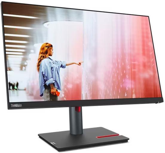 Ein Computermonitor mit einer Frau, die auf den Bildschirm zeigt. Roter und weißer Hintergrund.