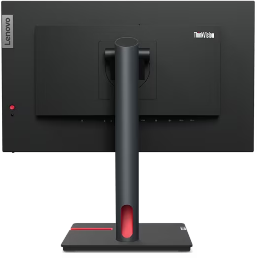 Rückansicht des schwarzen Computermonitors. Lenovo- und ThinkVision-Marken sind sichtbar.