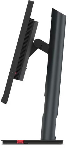 Seitenansicht eines schwarzen Monitors mit roter Basis, schwarzem Ständer und schwarzem Bildschirm.