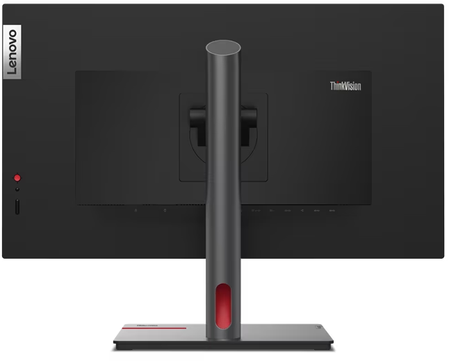 Die Rückseite eines schwarzen Lenovo-Monitors, Ständer und Lenovo-Logo.