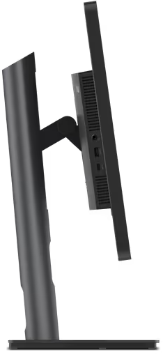Schwarzer Computermonitor auf einem Ständer, Seitenansicht, mit Anschlüssen und schwarzem Hintergrund.