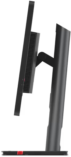 Seitenansicht eines schwarzen Computermonitors mit rotem Ein-/Ausschalter und schwarzem Ständer.