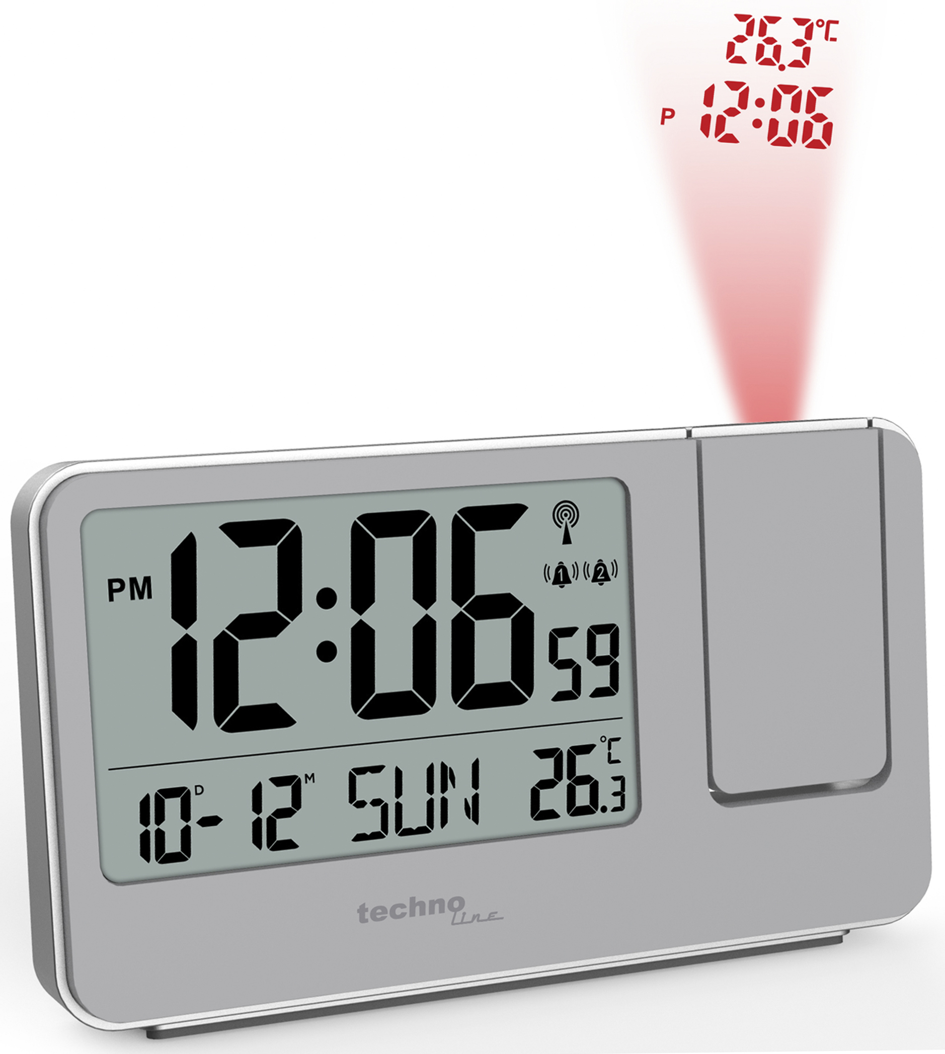 Digitaluhr mit Projektionszeit. Graue Uhr mit Zeit- und Temperaturanzeige, rote projizierte Zahlen. Weißer Hintergrund.