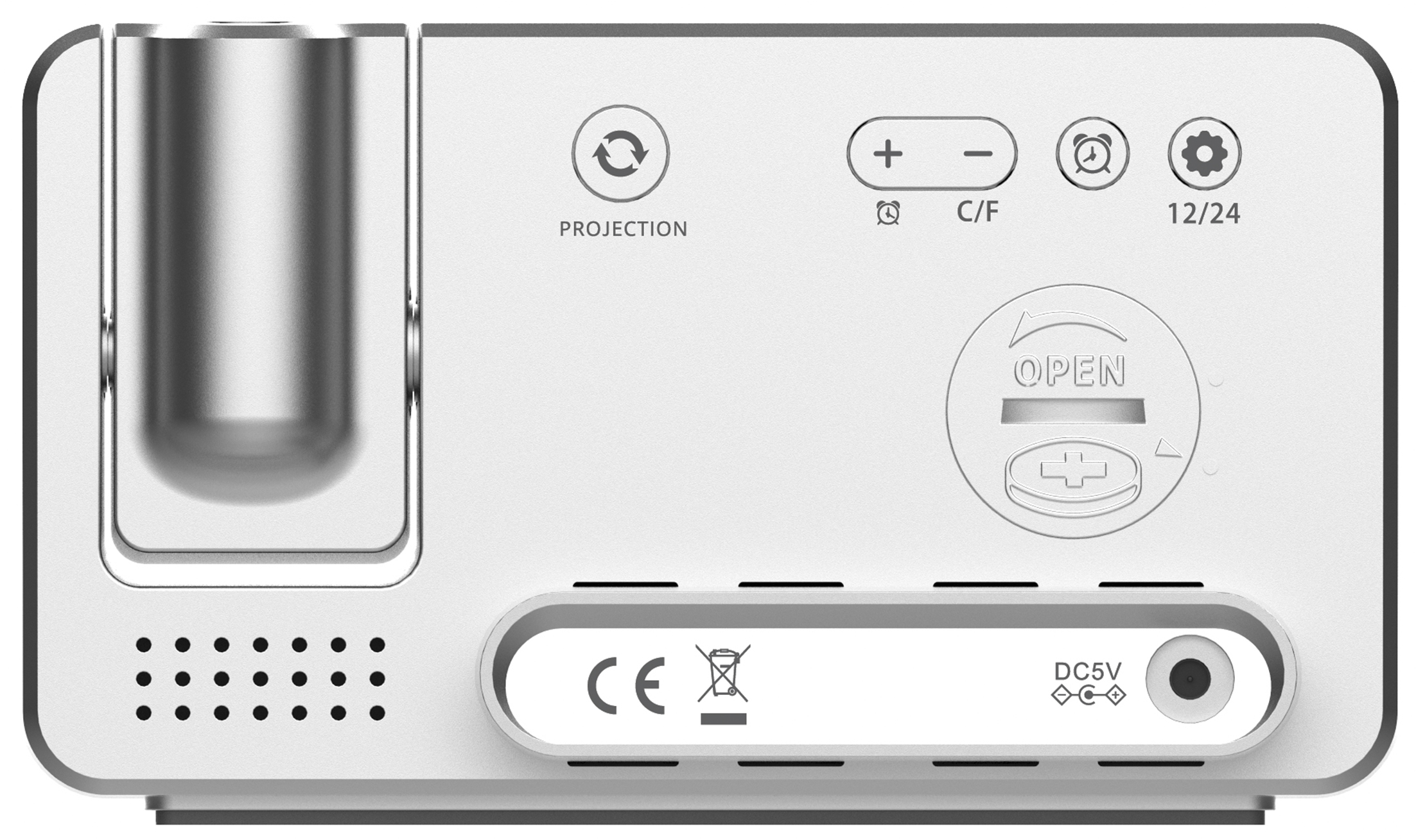 Weiße Uhr mit Projektion, Knöpfen und Beschriftungen, einschließlich CE und DC5V. Schwarzer Hintergrund.