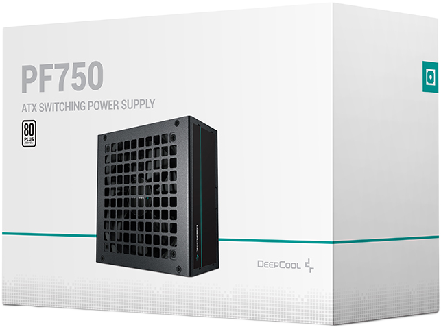 Fehér doboz fekete tápegységgel belül, DeepCool logóval.