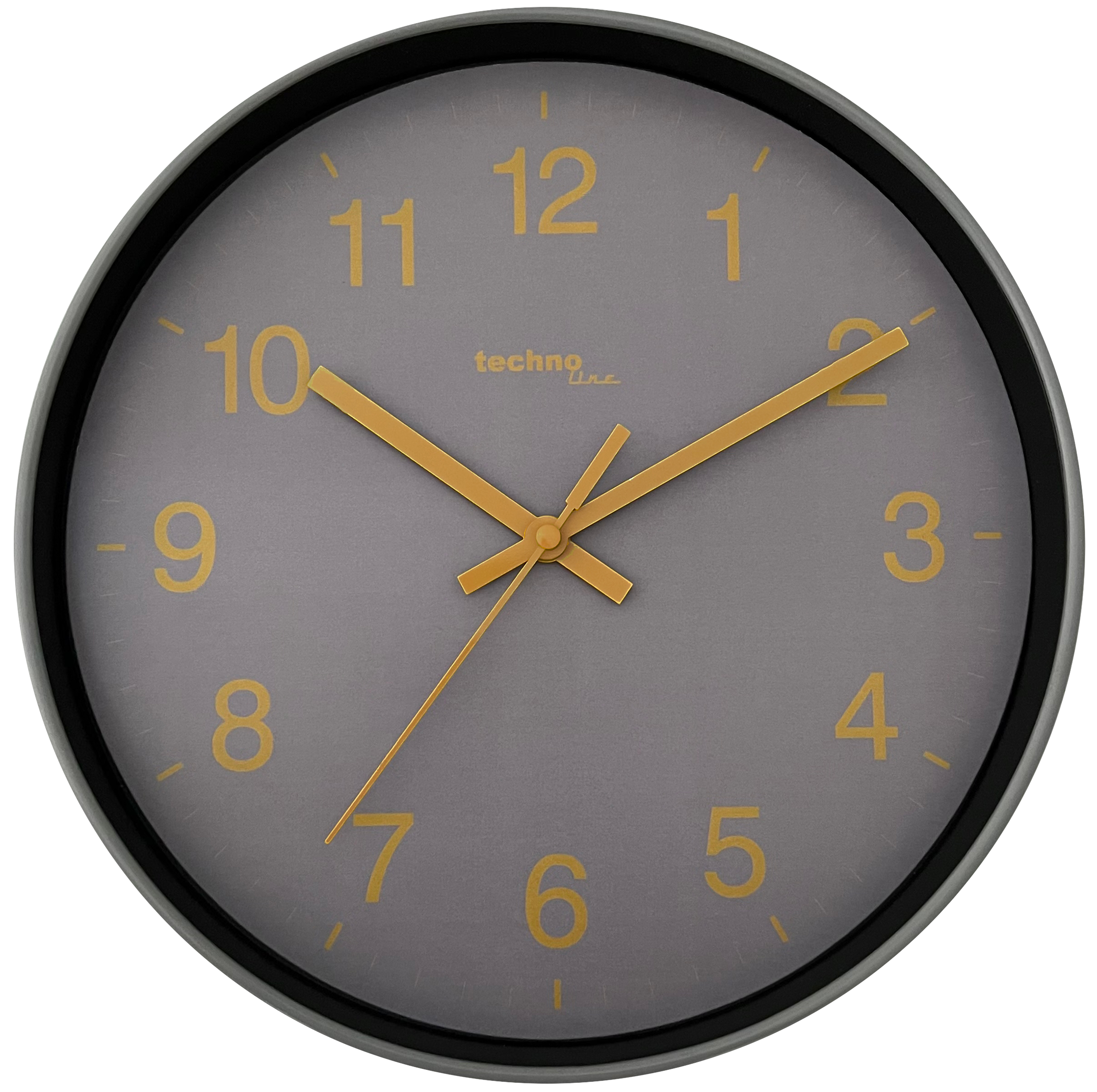 Eine graue Uhr mit goldenen Zahlen und Zeigern. Die Uhr ist rund mit einem schwarzen Rahmen. Es ist zehn nach zwei.