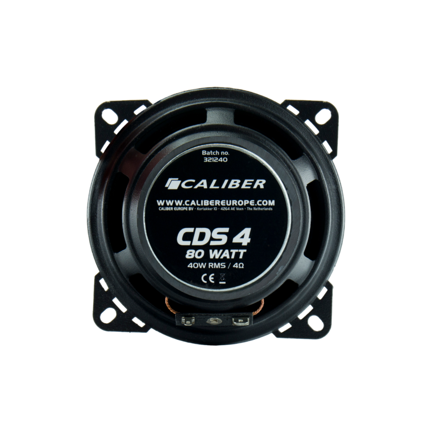A black Caliber CDS 4 speaker with a circular design, featuring the brand's logo and product information.