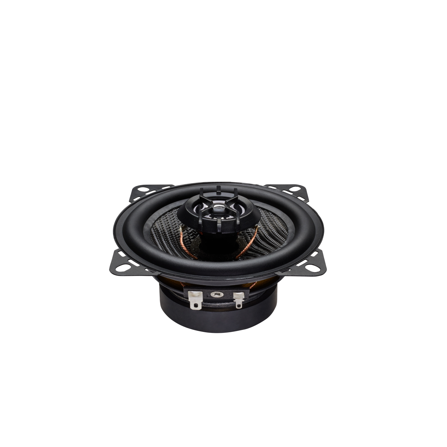 A black car speaker with a central cone and surrounding frame, isolated on a white background.