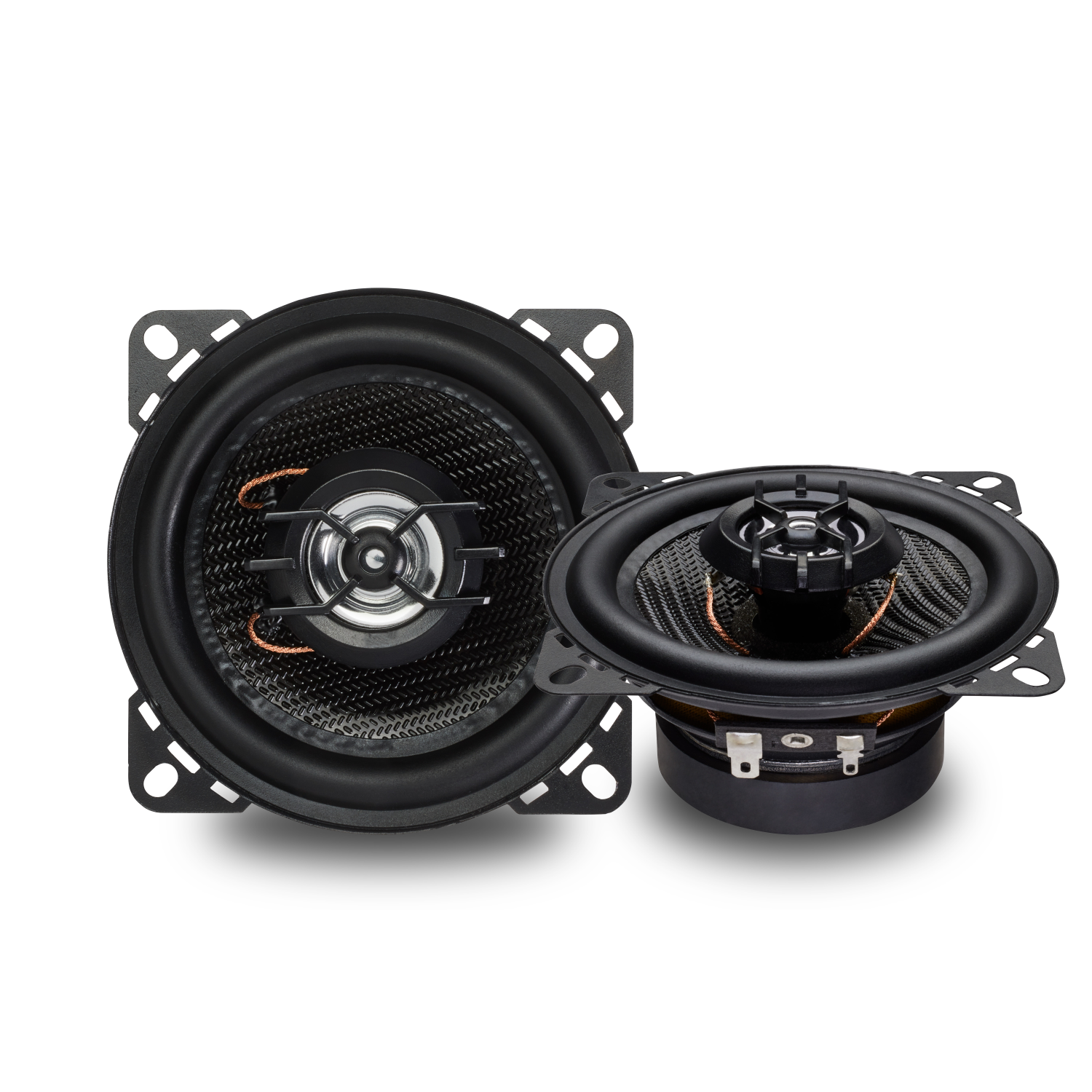 Two black car speakers with a carbon fiber-like cone. The speakers sit on a white surface.