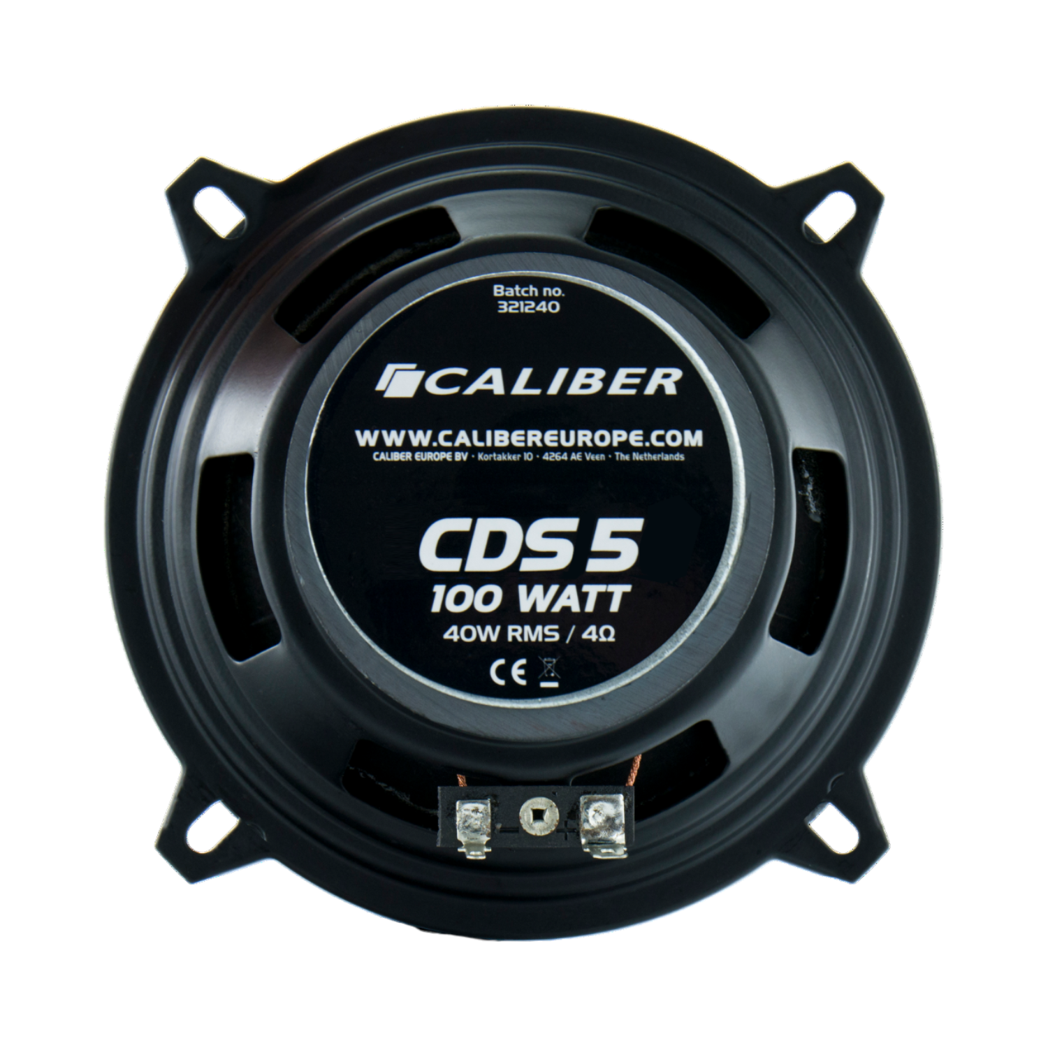 Speaker with black frame and center label. Text: Caliber, CDS 5, 100 Watt, 4 Ohm.