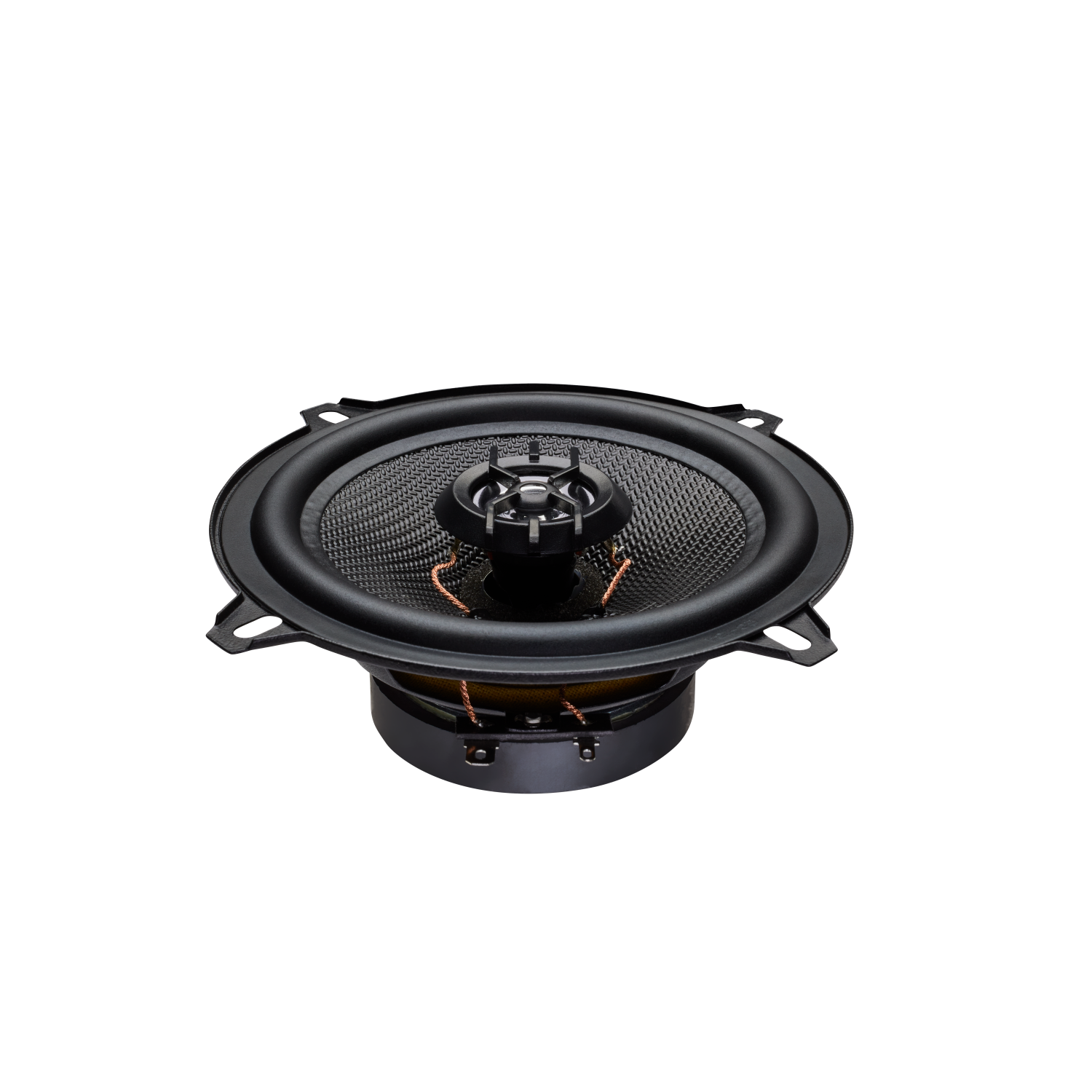 Car speaker with black frame and black mesh in front of black background.