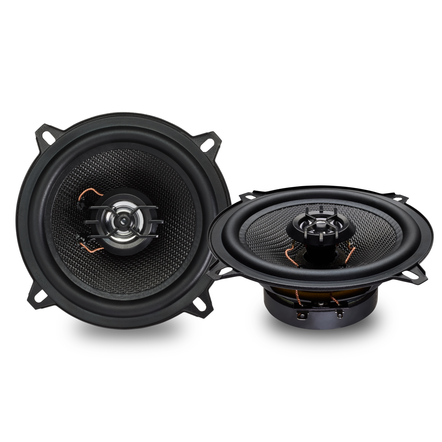 Two black car speakers, with mesh grilles and central speaker cones.