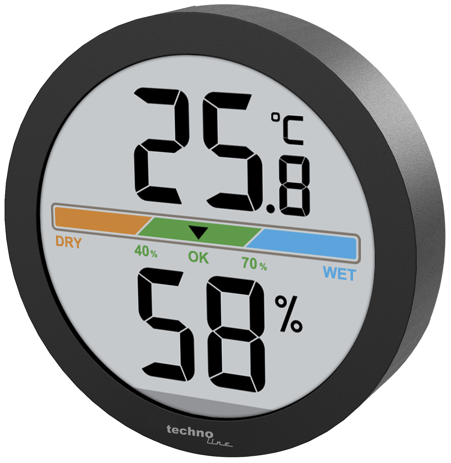 Ein runder Digitalthermometer mit Zahlen und einem Balken.
