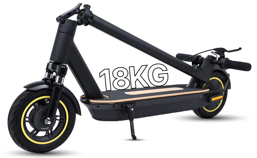 Czarno-żółta hulajnoga elektryczna z napisem "18KG".