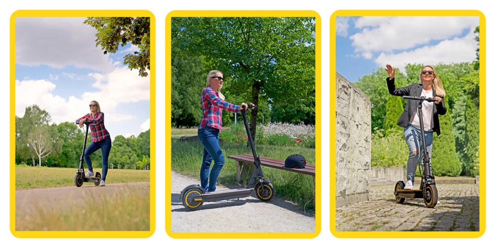 Trzy sceny z kobietą jeżdżącą na hulajnodze elektrycznej w różnych środowiskach.