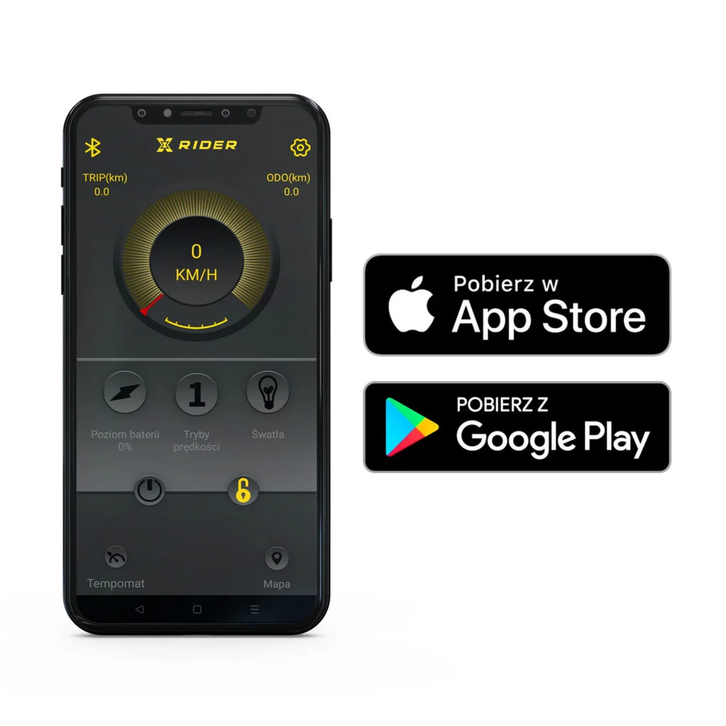 Smartfon z interfejsem aplikacji oraz przyciskami pobierania z App Store i Google Play. Białe tło.