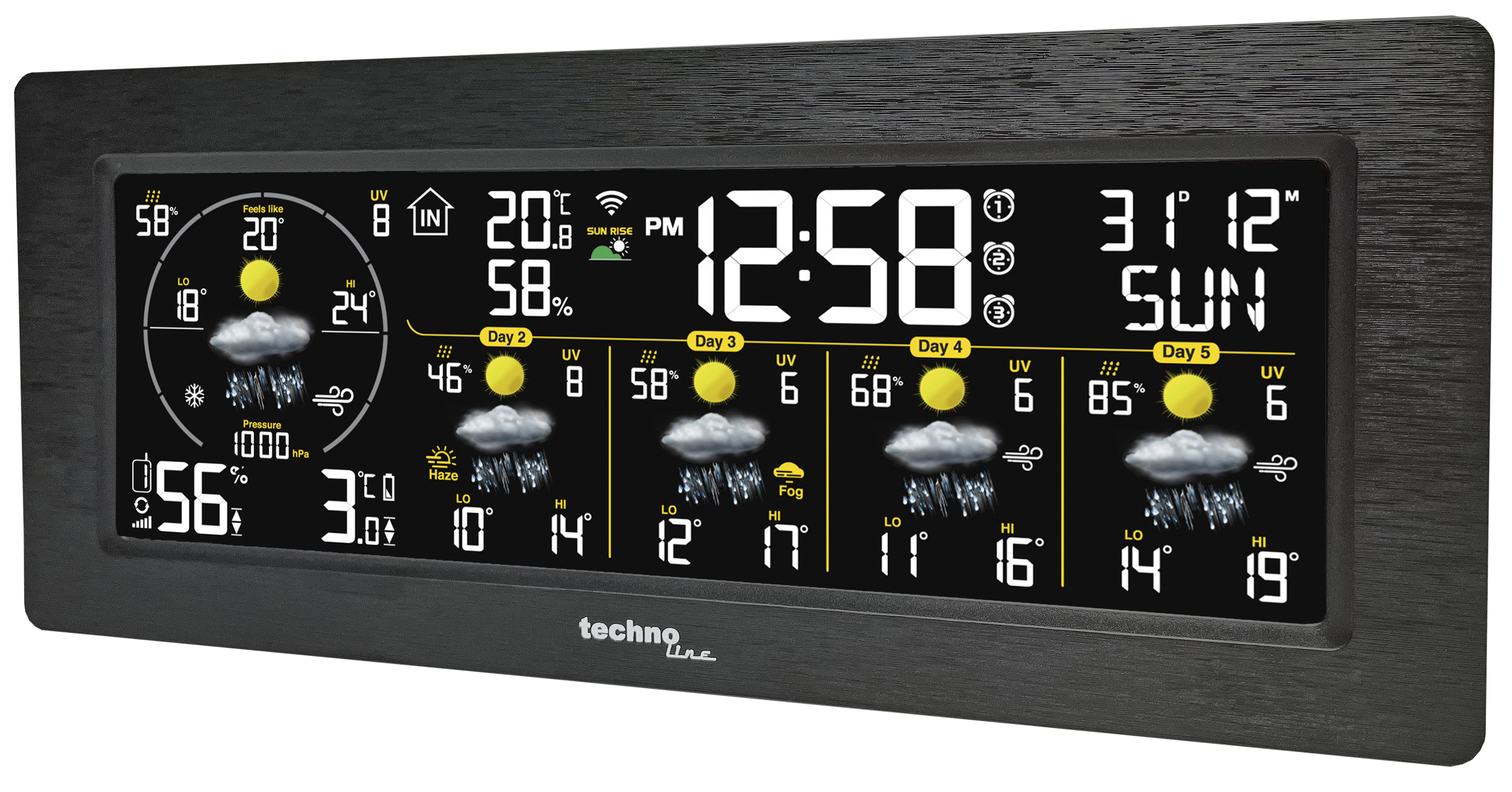 Schwarze Wetterstation mit Digitalanzeige.