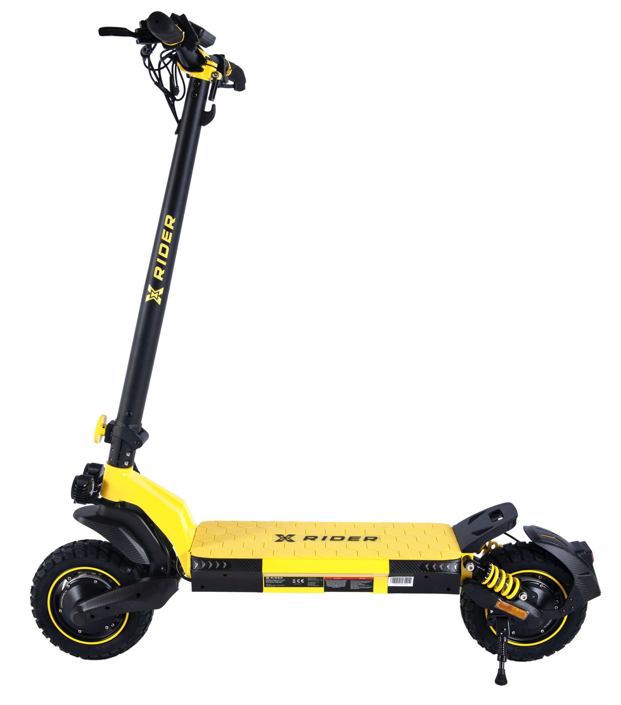 Żółto-czarna hulajnoga elektryczna na białym tle.