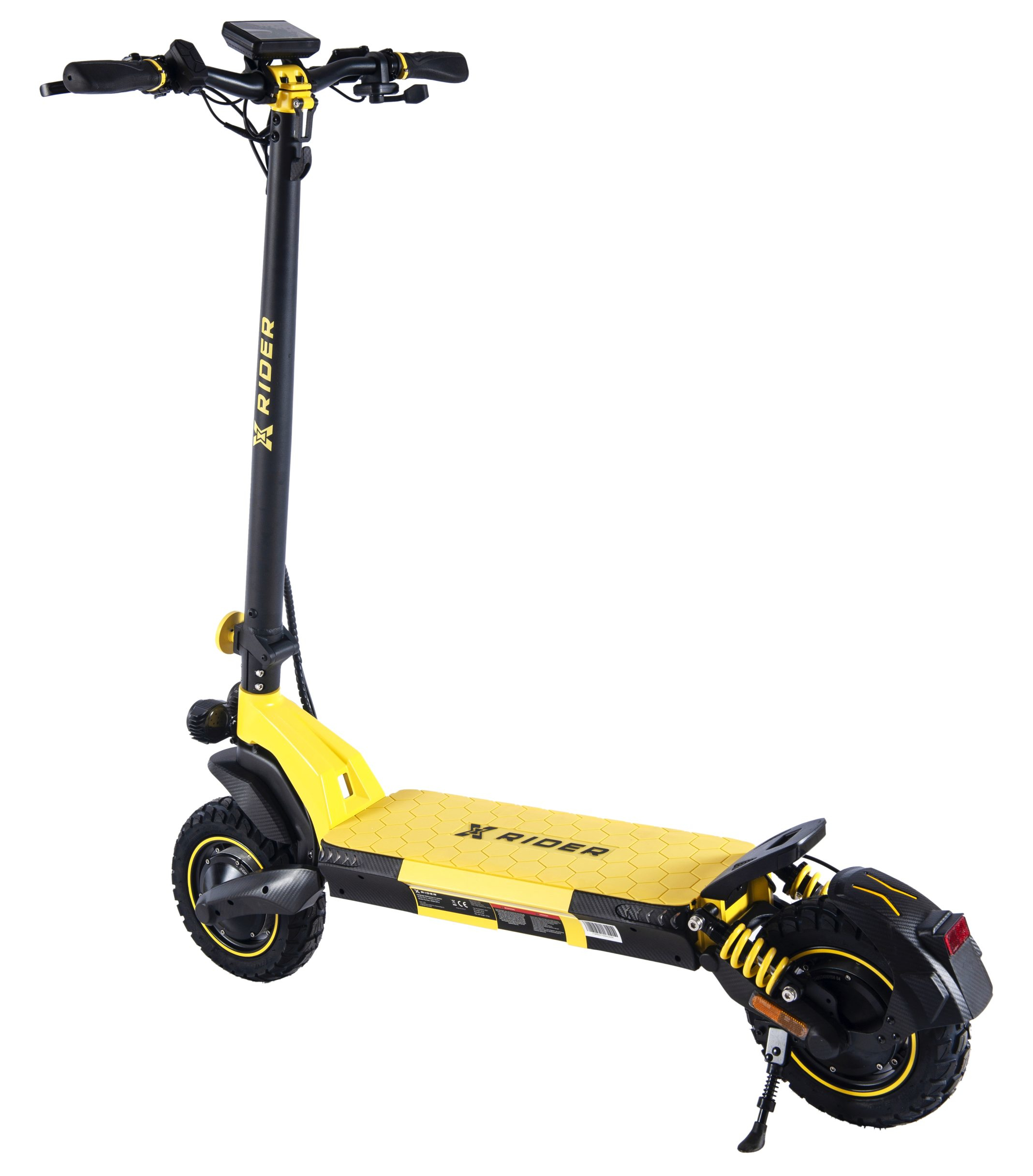 Żółto-czarna hulajnoga elektryczna z logo X-RIDER i podpórką na białym tle.