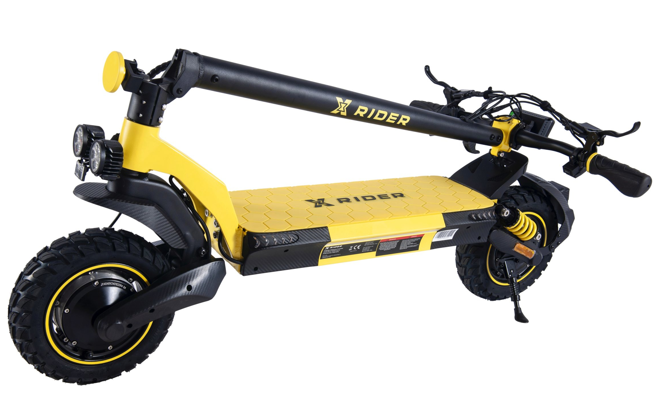 Żółto-czarna hulajnoga elektryczna na białym tle. Widoczne logo X RIDER.