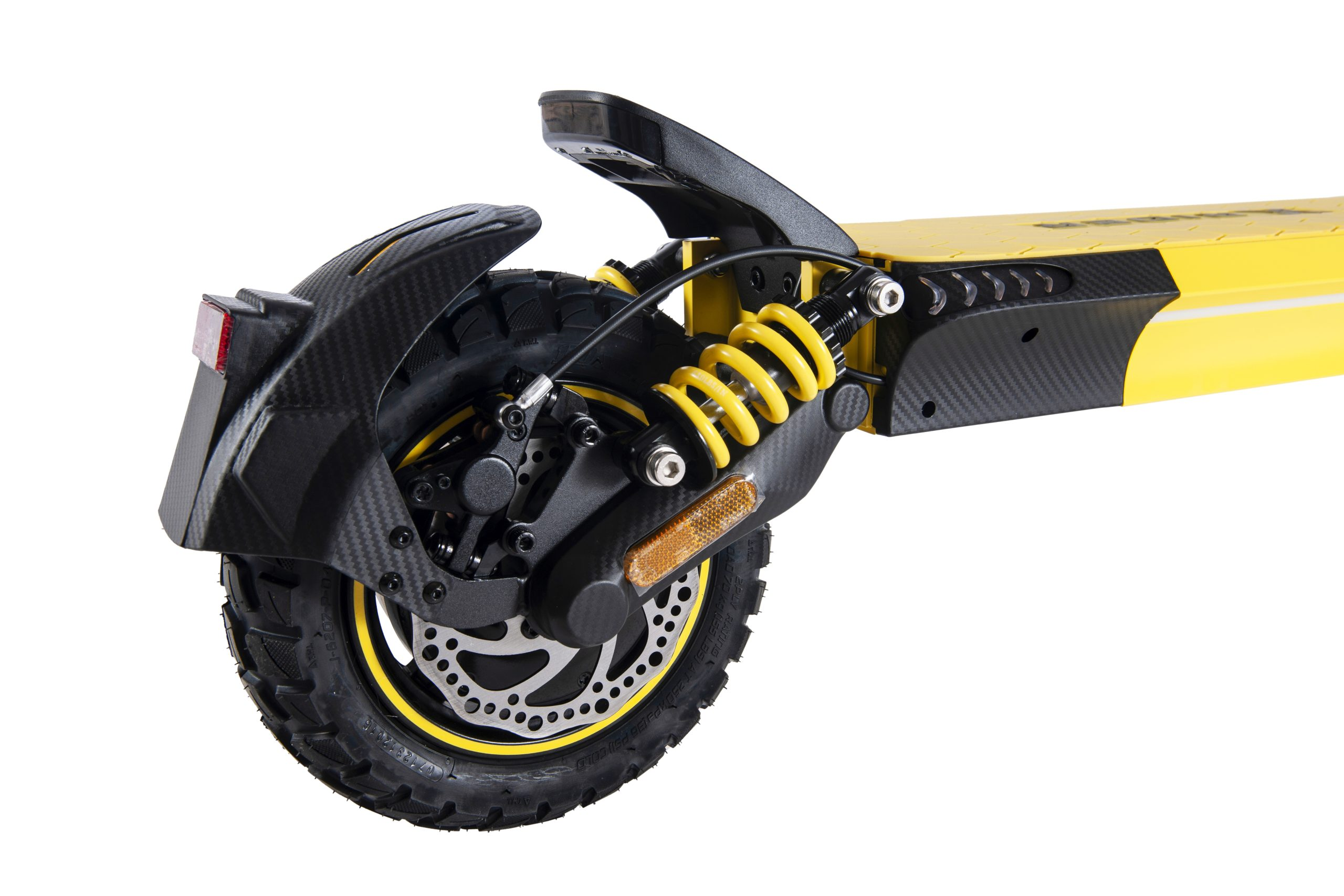 Żółto-czarny szczegół hulajnogi elektrycznej. Pokazuje tylne koło, hamulec i zawieszenie.