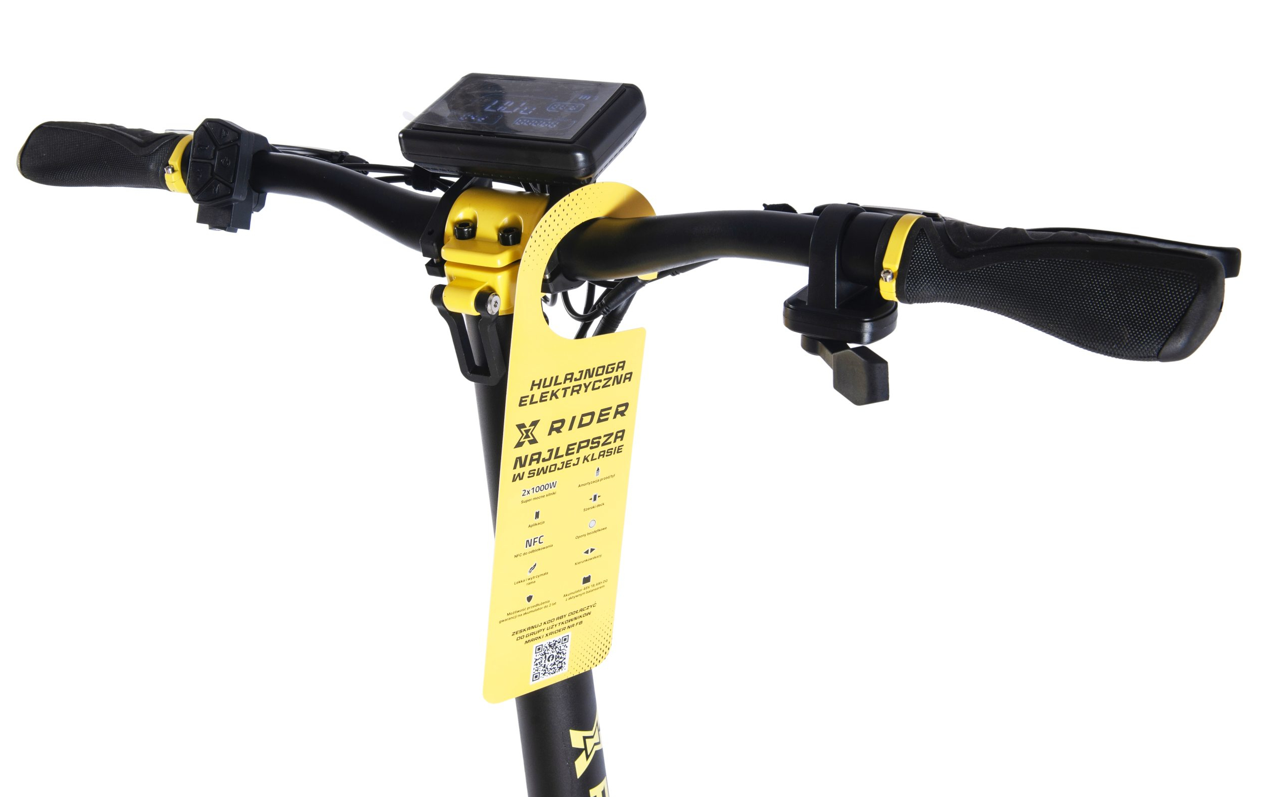 Kierownica hulajnogi elektrycznej. Żółta etykieta z tekstem po polsku. Uchwyty czarne, czarny wyświetlacz.