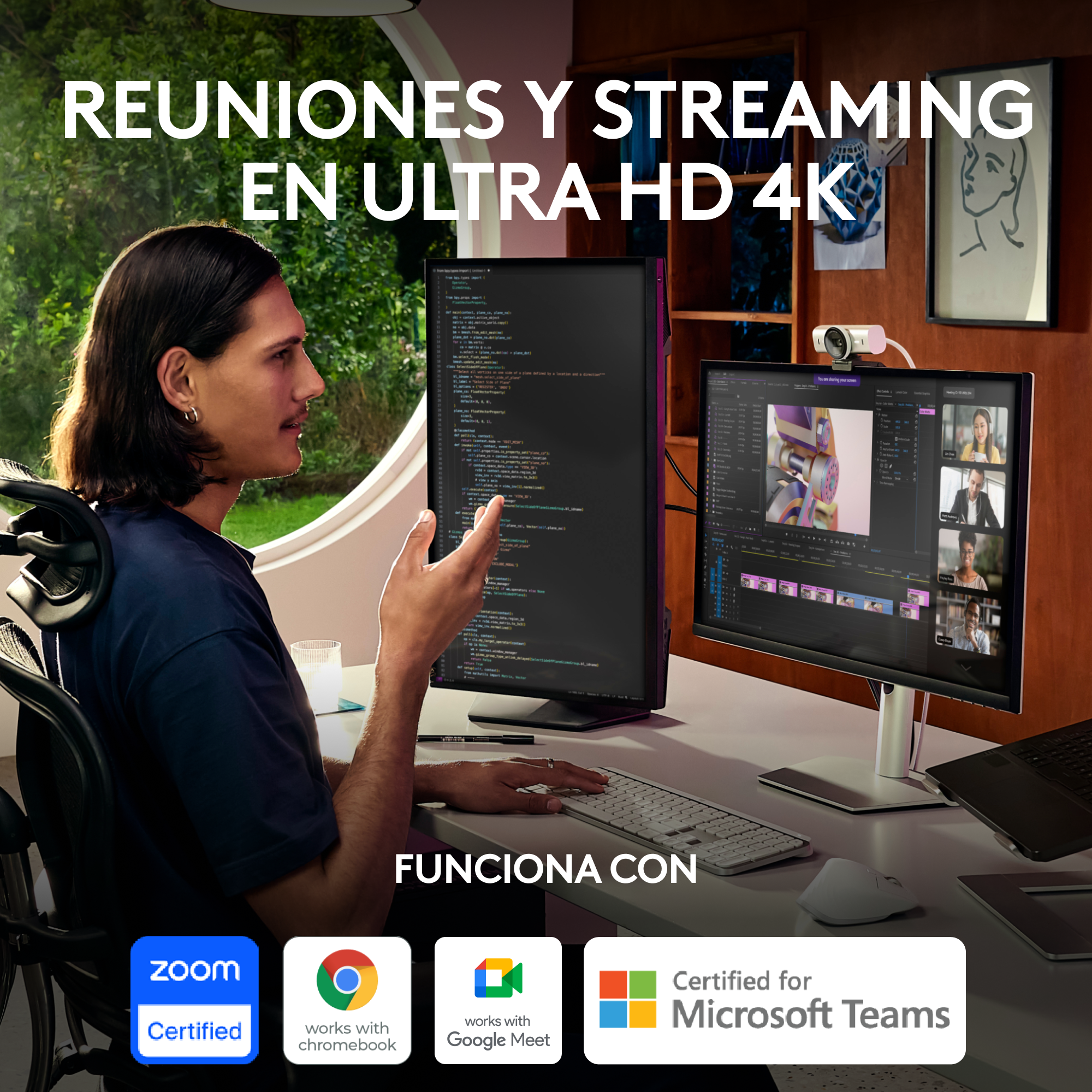 Hombre en escritorio con dos monitores, teclado y webcam. Superposición de texto en español.