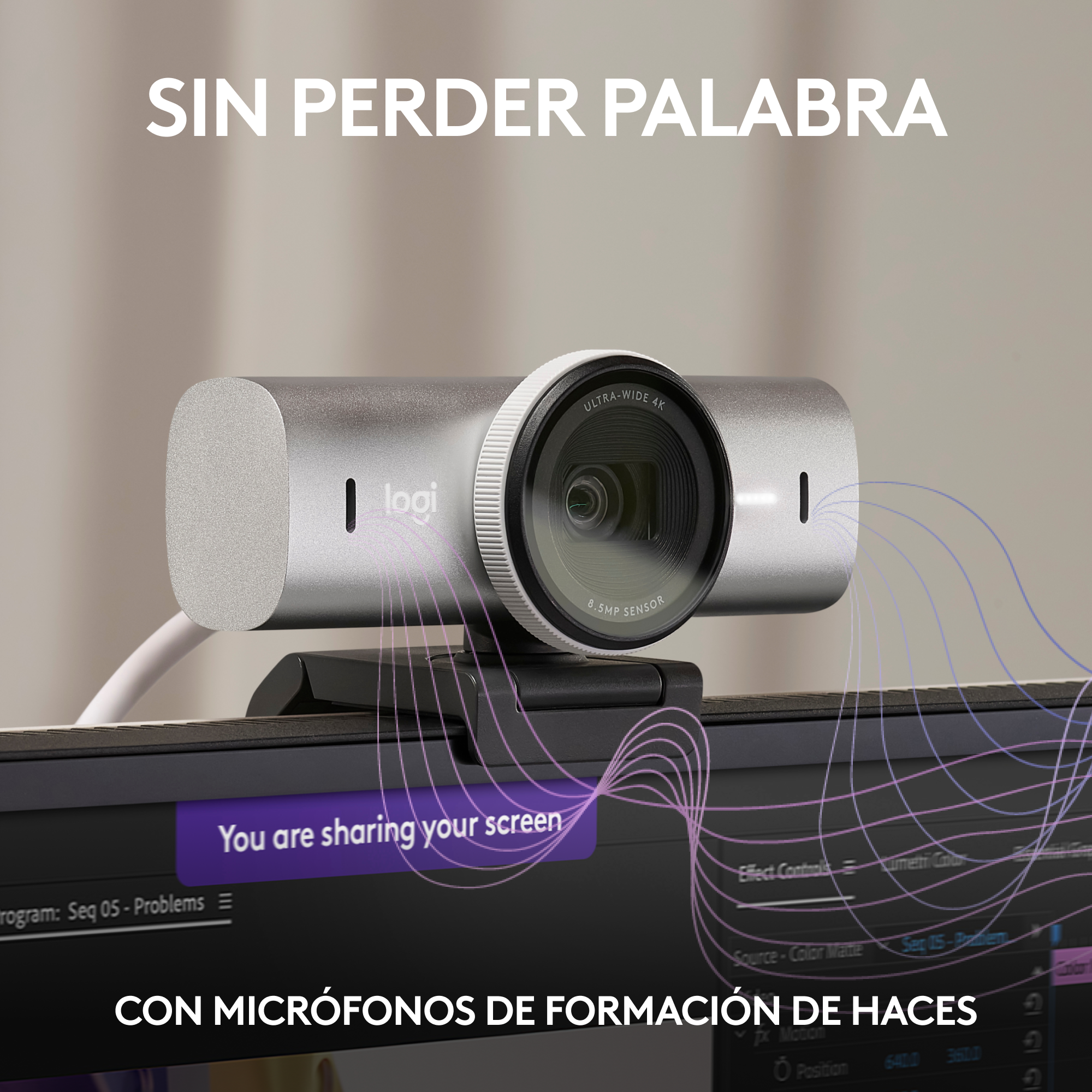 Webcam con texto: 'Estás compartiendo tu pantalla' y 'Con micrófonos beamforming'.