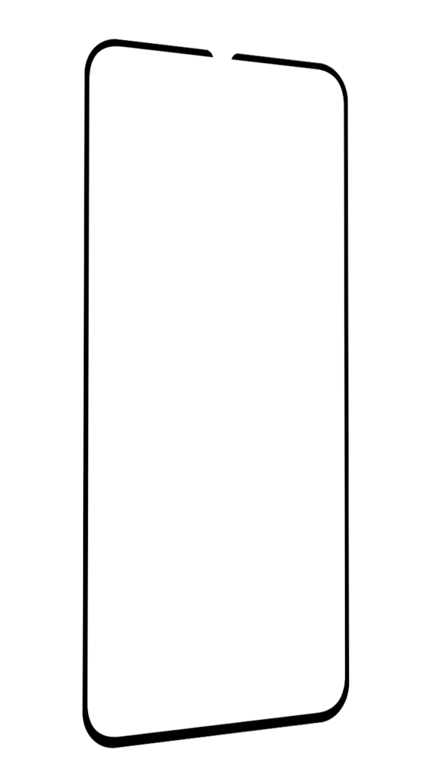 Ein schwarzer Smartphone-Bildschirm mit schwarzem Rahmen, leicht angewinkelt, vor weißem Hintergrund.